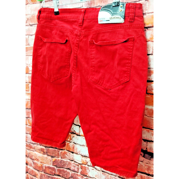 Demolition Capri Jeans Mens 36 Red Denim Stacked Zipper Five Pocket Y2K Grunge - Picture 8 of 8